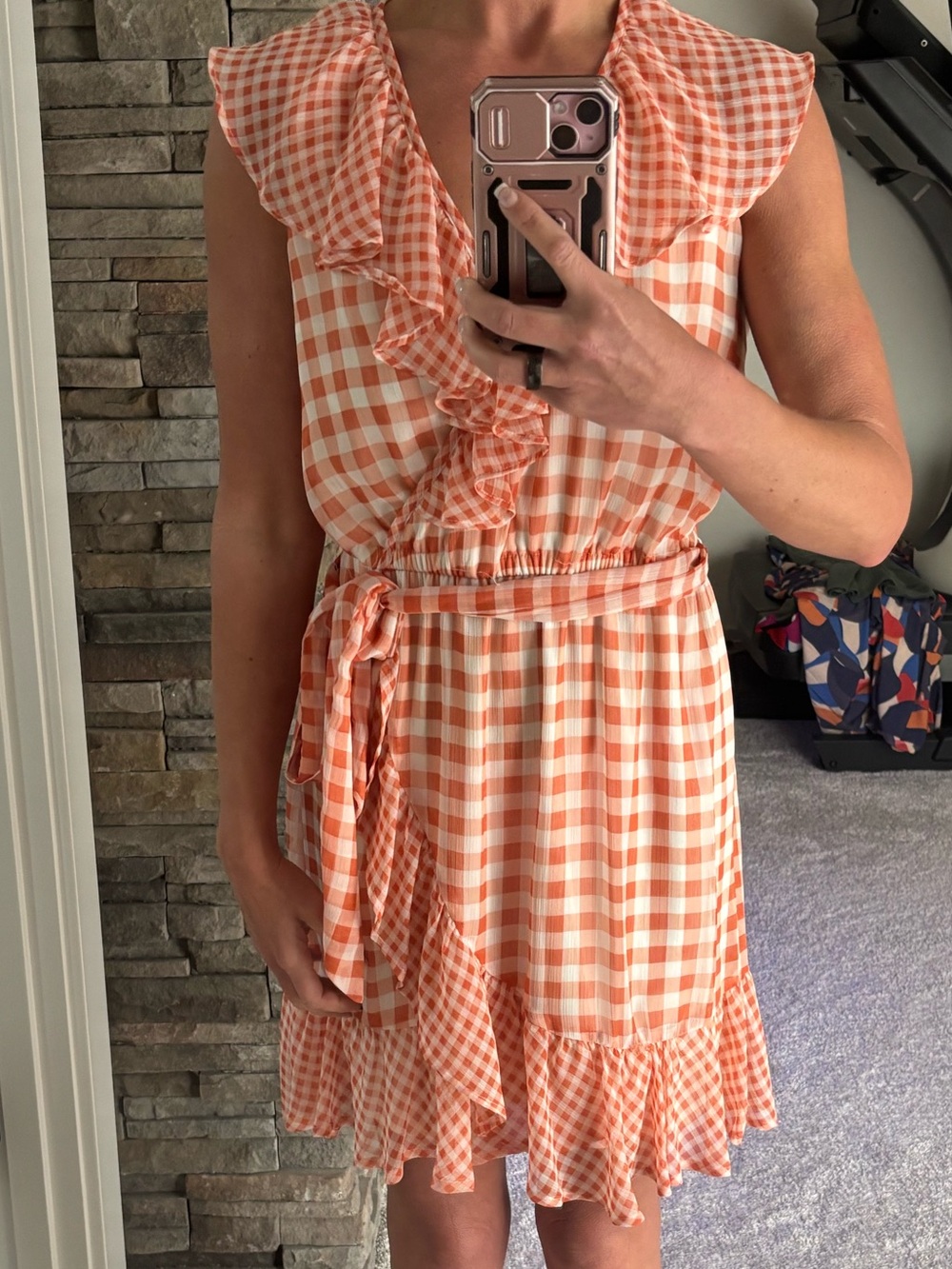 Lauren Conrad Gingham Ruffle Wrap Dress in Peach